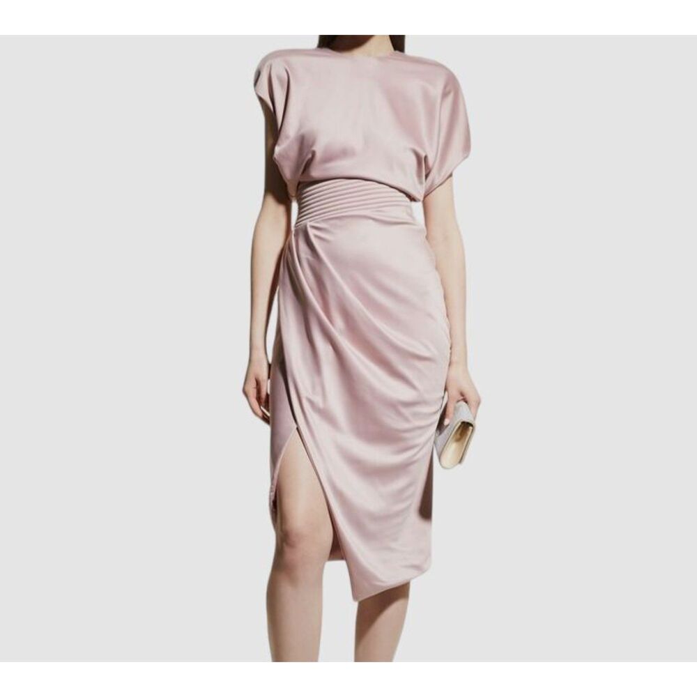 Zhivago Bond Stitched Waist Satin Midi Dress Pink Size 8